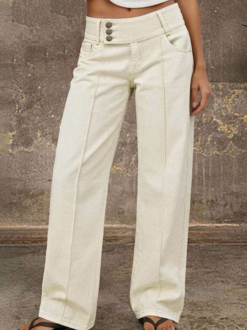 Cream High-Rise Wide-Leg Jeans with Triple Button Waist